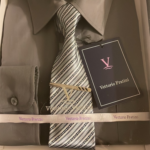 Vettorio Fratini Mens Large Dress Shirt 16-16 1/2 Tie Clip Neck Tie New in Box - Picture 3 of 5